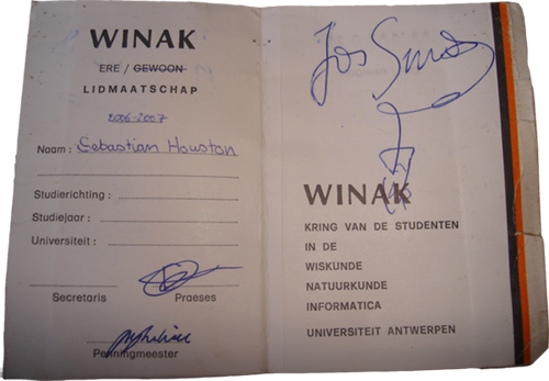 Lidkaart van Ere-Hagar Sebastian Houston, getekend door Jos Smos